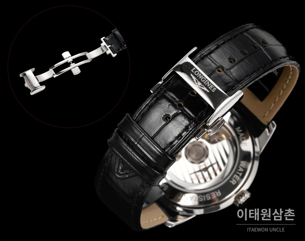 론진 콘퀘스트 헤리티지 센트럴 파워 리저브 라이트블루 다이얼 가죽 스트랩 시계 40mm