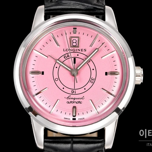 론진 콘퀘스트 헤리티지 센트럴 파워 리저브 핑크 다이얼 가죽 스트랩 시계 40mm