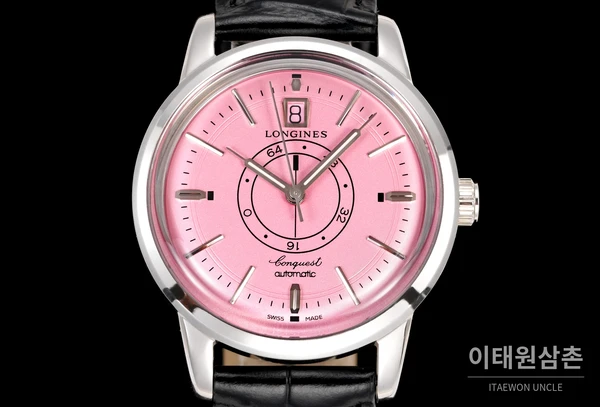 론진 콘퀘스트 헤리티지 센트럴 파워 리저브 핑크 다이얼 가죽 스트랩 시계 40mm 론진 콘퀘스트 헤리티지 센트럴 파워 리저브 핑크 다이얼 가죽 스트랩 시계 40mm