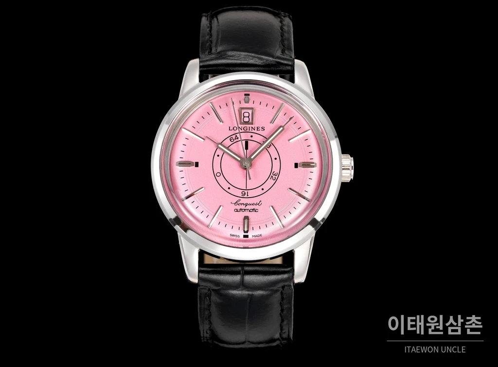 론진 콘퀘스트 헤리티지 센트럴 파워 리저브 핑크 다이얼 가죽 스트랩 시계 40mm