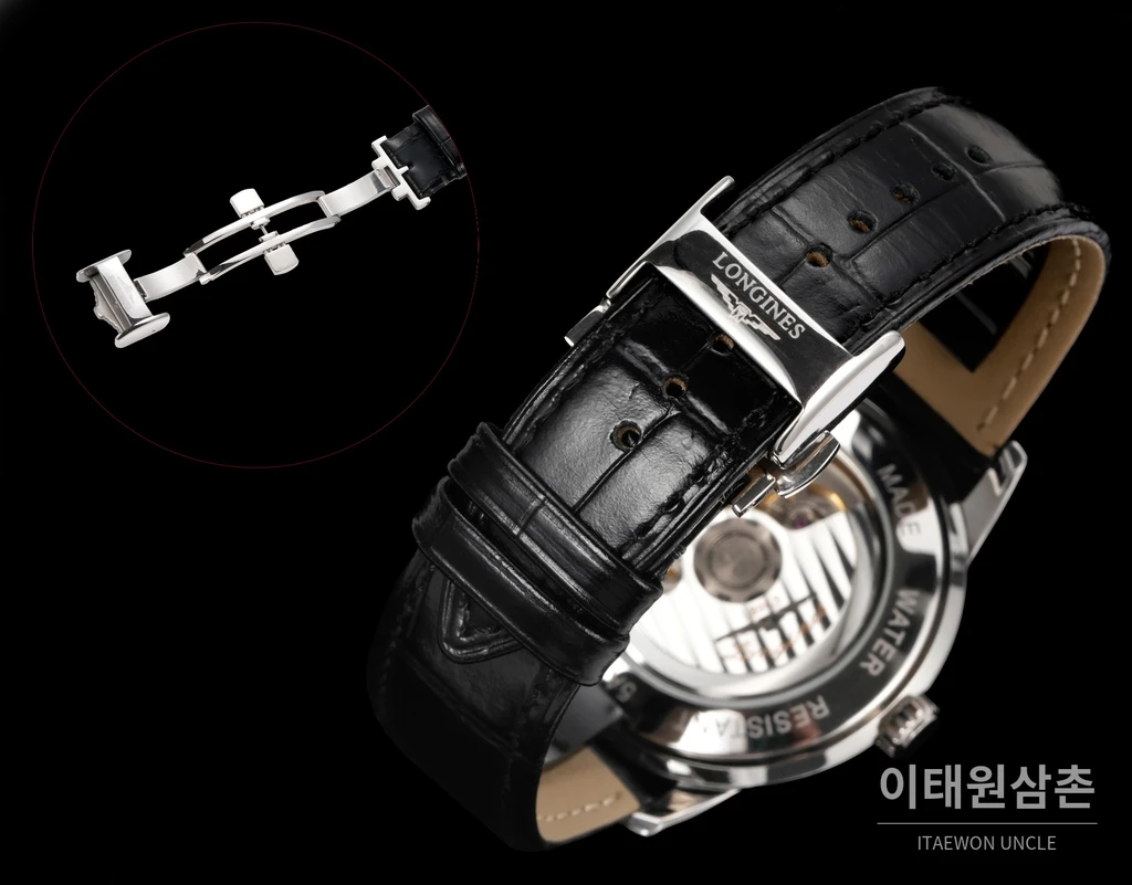 론진 콘퀘스트 헤리티지 센트럴 파워 리저브 핑크 다이얼 가죽 스트랩 시계 40mm