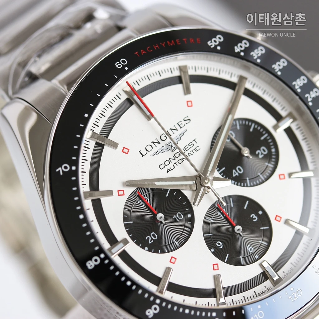 론진 콘퀘스트 실버다이얼 크로노그래프 스틸밴드 오토매틱 42mm