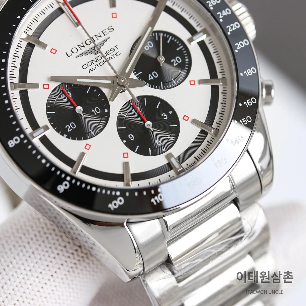 론진 콘퀘스트 실버다이얼 크로노그래프 스틸밴드 오토매틱 42mm