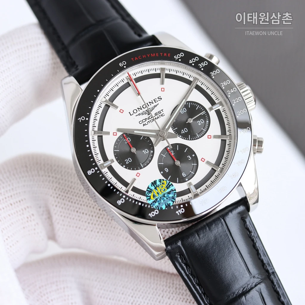 론진 콘퀘스트 화이트블랙다이얼 크로노그래프 가죽밴드 오토매틱 42mm