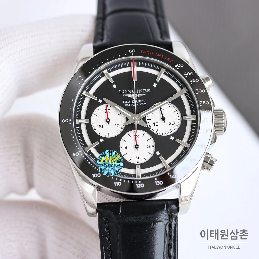 론진 콘퀘스트 화이트블랙다이얼 크로노그래프 가죽밴드 오토매틱 42mm