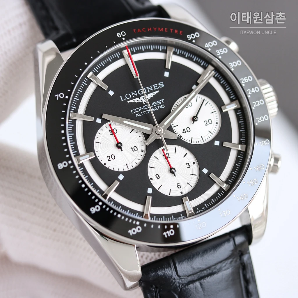 론진 콘퀘스트 화이트블랙다이얼 크로노그래프 가죽밴드 오토매틱 42mm