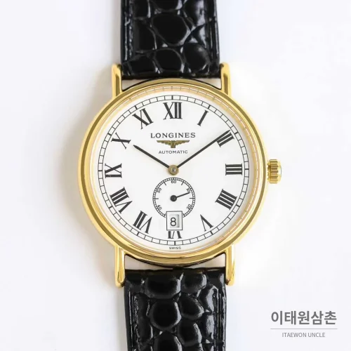 론진 엘레강스 스틸 화이트다이얼 로만인덱스 스몰세컨즈 오토매틱 38.5mm 블랙 가죽 스트랩 골드 베젤