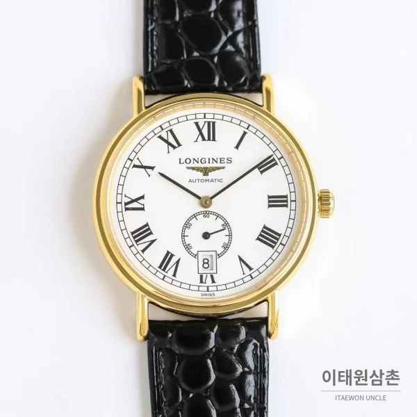론진 엘레강스 스틸 화이트다이얼 로만인덱스 스몰세컨즈 오토매틱 38.5mm (2) 론진 엘레강스 스틸 화이트다이얼 로만인덱스 스몰세컨즈 오토매틱 38.5mm 블랙 가죽 스트랩 골드 베젤