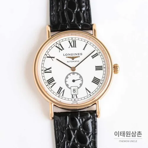 론진 엘레강스 스틸 화이트다이얼 로만인덱스 스몰세컨즈 오토매틱 38.5mm 블랙 가죽 스트랩 로즈골드 베젤