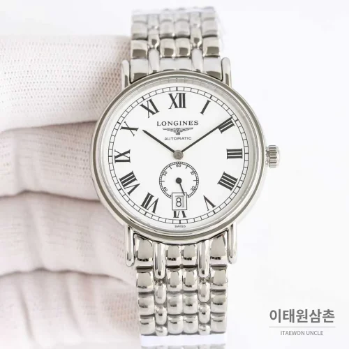 론진 엘레강스 스틸 화이트다이얼 로만인덱스 스몰세컨즈 오토매틱 38.5mm 스틸 브레이슬릿