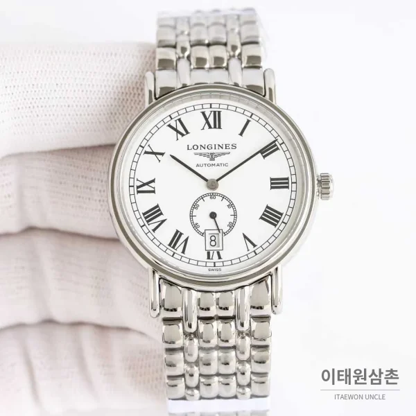 론진 엘레강스 스틸 화이트다이얼 로만인덱스 스몰세컨즈 오토매틱 38.5mm 스틸 브레이슬릿