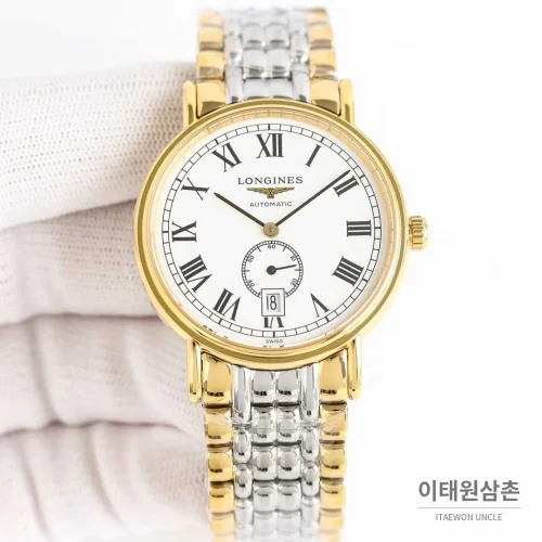 론진 엘레강스 스틸 화이트다이얼 로만인덱스 스몰세컨즈 오토매틱 38.5mm 투톤 브레이슬릿 골드 베젤