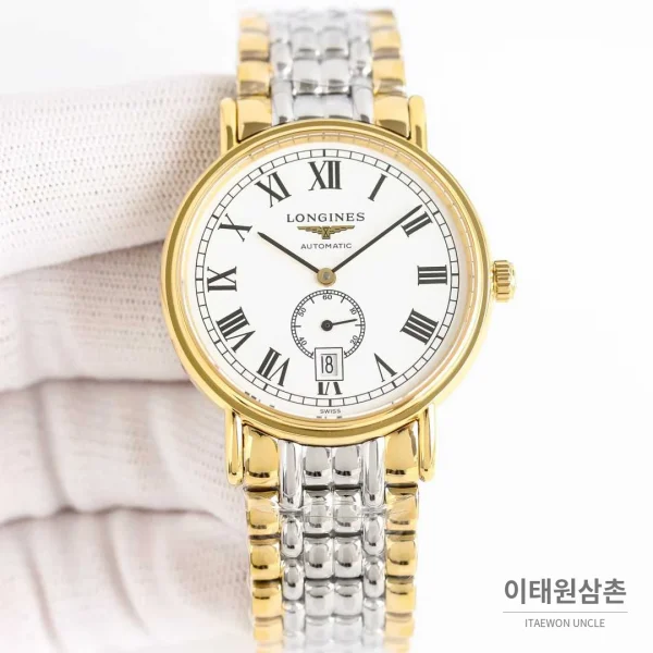 론진 엘레강스 스틸 화이트다이얼 로만인덱스 스몰세컨즈 오토매틱 38.5mm 투톤 브레이슬릿 골드 베젤