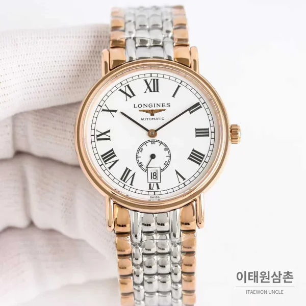 론진 엘레강스 스틸 화이트다이얼 로만인덱스 스몰세컨즈 오토매틱 38.5mm (6) 론진 엘레강스 스틸 화이트다이얼 로만인덱스 스몰세컨즈 오토매틱 38.5mm 투톤 브레이슬릿 로즈골드 베젤