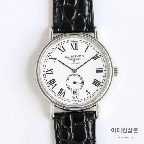 론진 엘레강스 스틸 화이트다이얼 로만인덱스 스몰세컨즈 오토매틱 38.5mm 블랙 가죽 스트랩