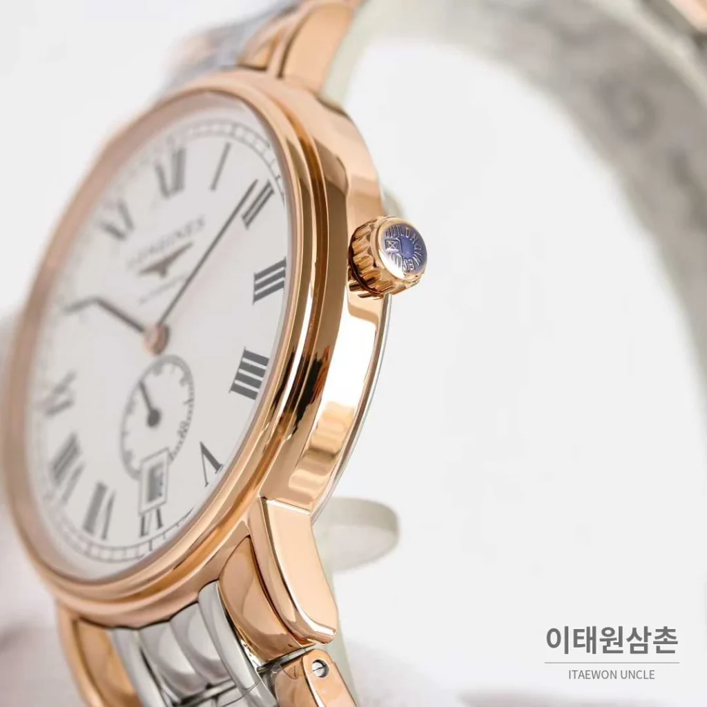 론진 엘레강스 스틸 화이트다이얼 로만인덱스 스몰세컨즈 오토매틱 38.5mm 투톤 브레이슬릿 로즈골드 베젤