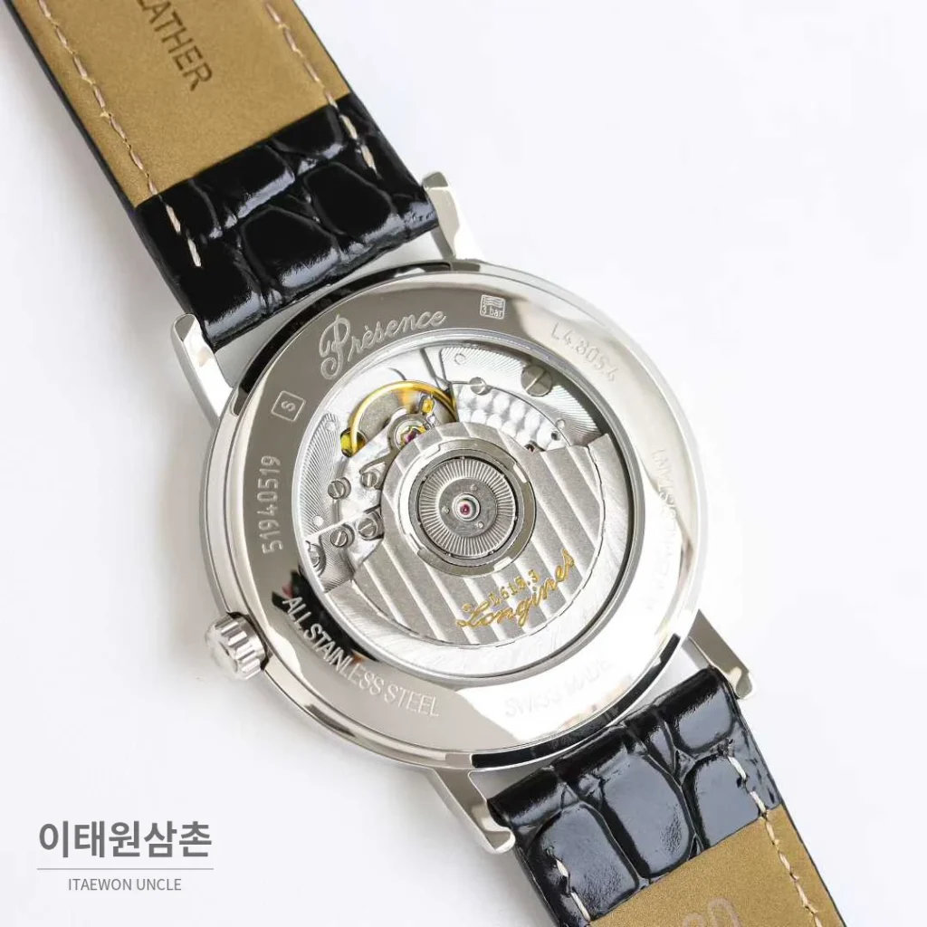 론진 엘레강스 스틸 화이트다이얼 로만인덱스 스몰세컨즈 오토매틱 38.5mm 블랙 가죽 스트랩
