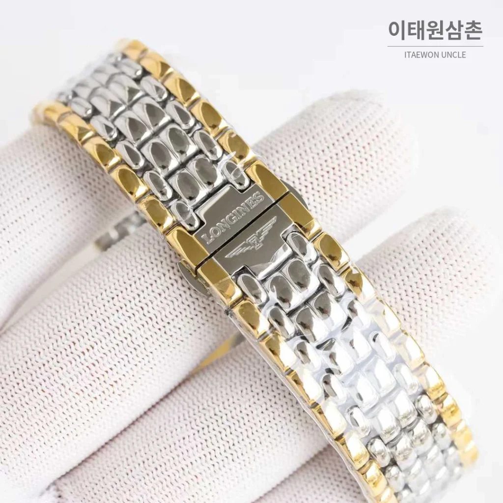 론진 엘레강스 스틸 화이트다이얼 로만인덱스 스몰세컨즈 오토매틱 38.5mm 투톤 브레이슬릿 골드 베젤