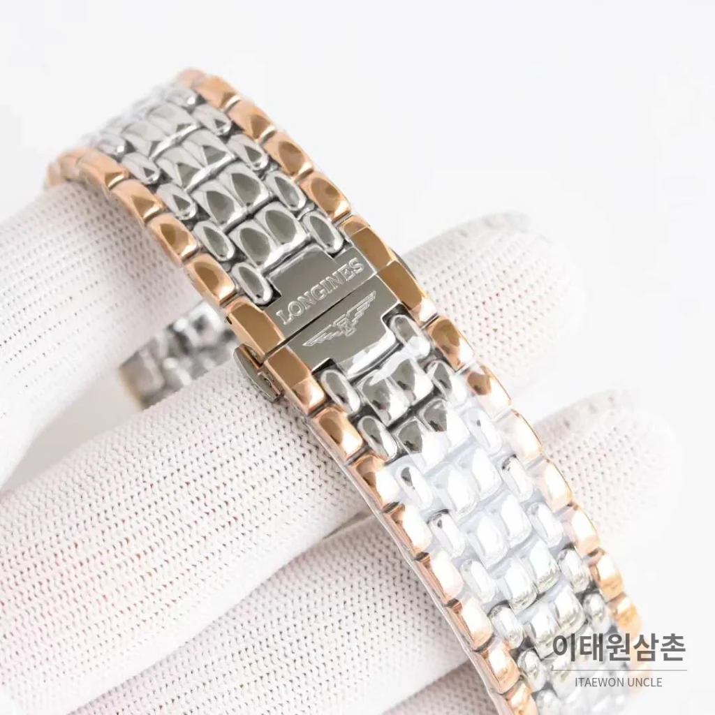 론진 엘레강스 스틸 화이트다이얼 로만인덱스 스몰세컨즈 오토매틱 38.5mm 투톤 브레이슬릿 로즈골드 베젤