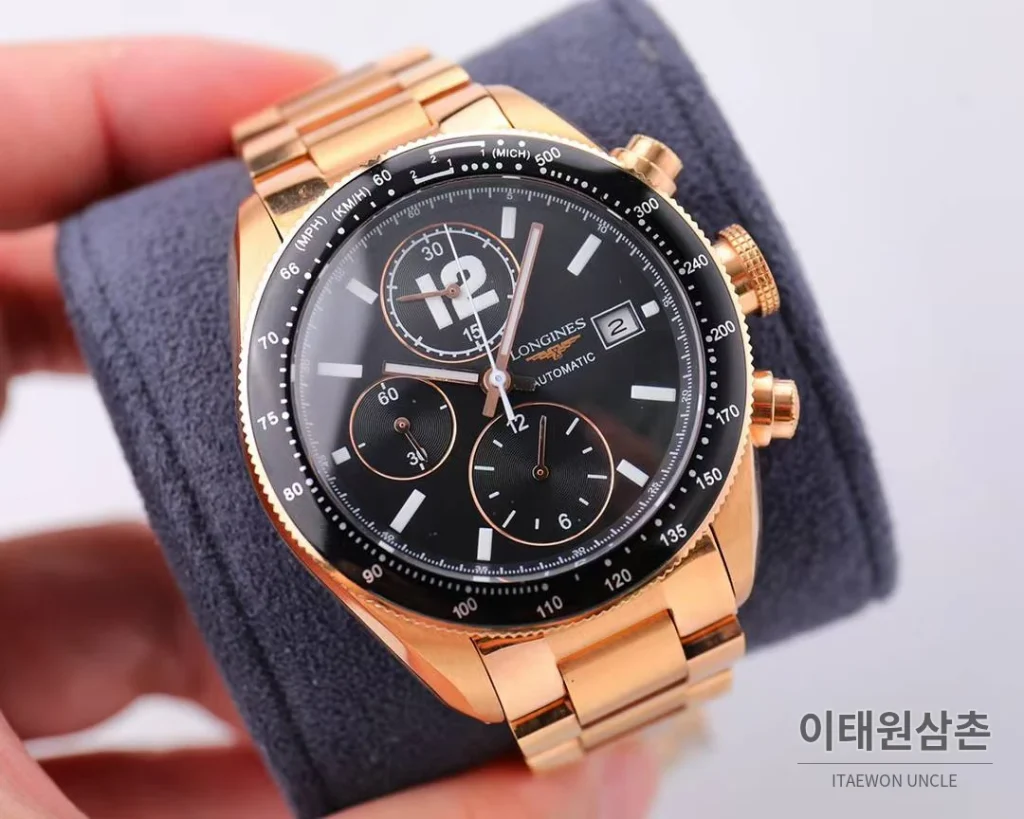 론진 헤리티지 스포츠 크로노그래프 스틸 블랙다이얼 오토매틱 42mm 로즈골드 브레이슬릿