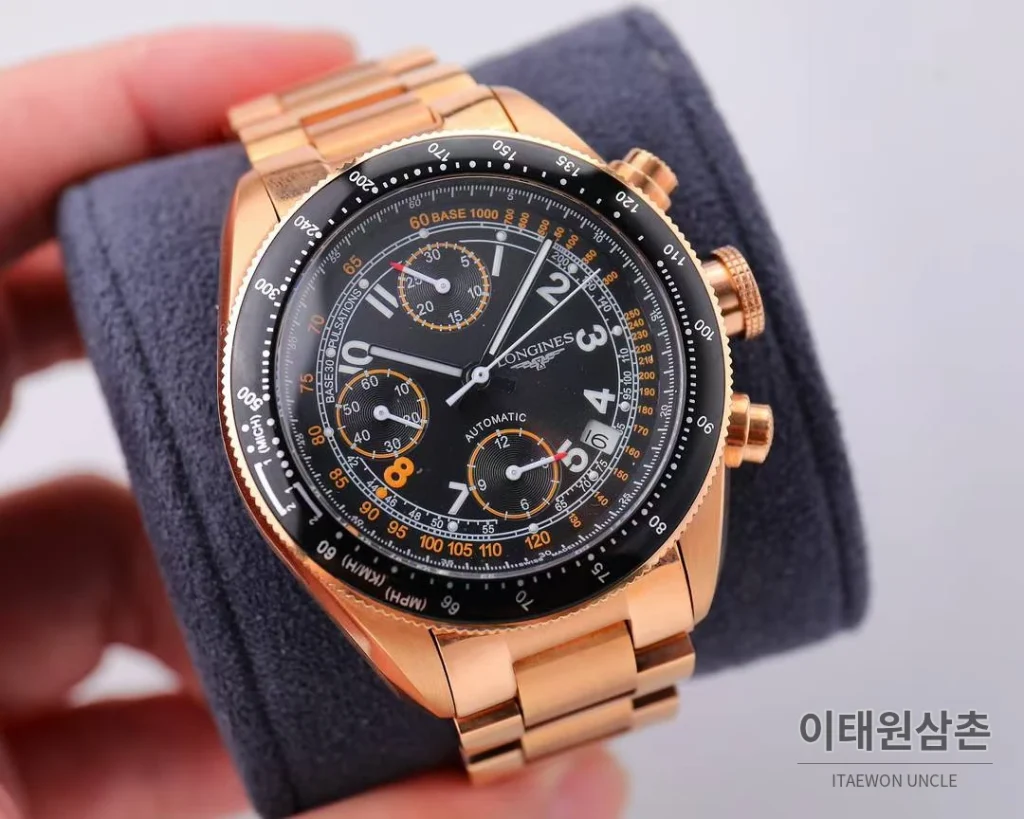 론진 헤리티지 스포츠 크로노그래프 스틸 블랙다이얼 오토매틱 42mm 로즈골드 브레이슬릿