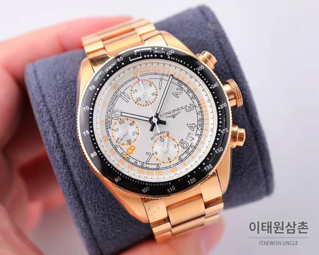 론진 헤리티지 스포츠 크로노그래프 스틸 블랙다이얼 오토매틱 42mm 로즈골드 브레이슬릿