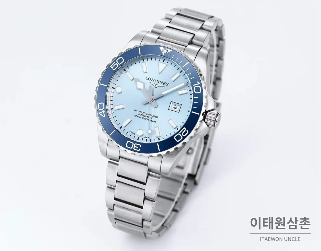 론진 하이드로콘퀘스트 3세대 904L 스틸 세라믹베젤 스카이블루 다이버워치 42mm