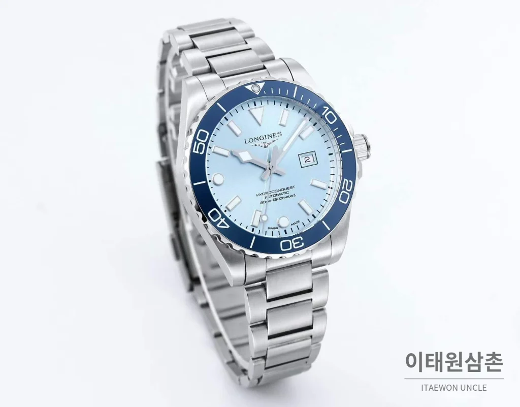 론진 하이드로콘퀘스트 3세대 904L 스틸 세라믹베젤 스카이블루 다이버워치 42mm