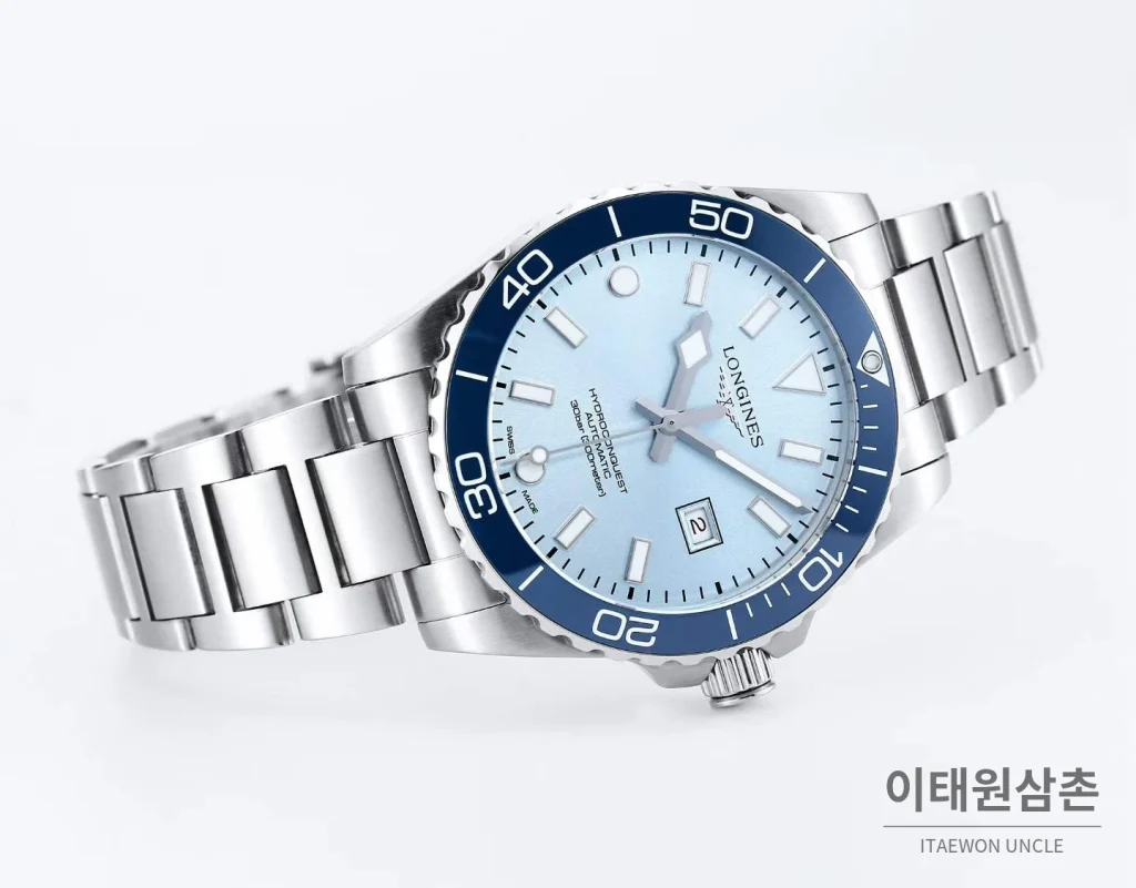 론진 하이드로콘퀘스트 3세대 904L 스틸 세라믹베젤 스카이블루 다이버워치 42mm