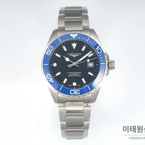 론진 하이드로콘퀘스트 스틸 블랙 다이얼 로열 블루 베젤 오토매틱 42mm
