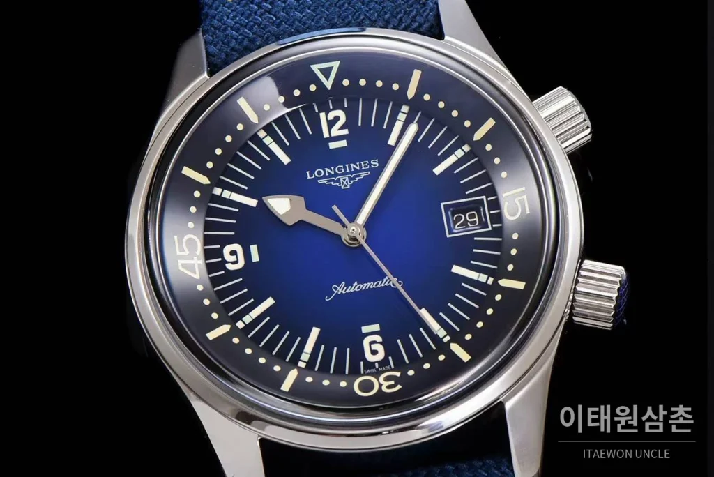 론진 레전드다이버 브론즈 그라데이션블랙다이얼 오토매틱 42mm 블루 나일론 스트랩
