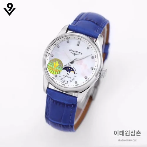 론진 마스터컬렉션 자개다이얼 다이아몬드 문페이즈 오토매틱 34mm 화이트 블루 가죽 스트랩 론진 마스터컬렉션 자개다이얼 다이아몬드 문페이즈 오토매틱 34mm 화이트 블루 가죽 스트랩