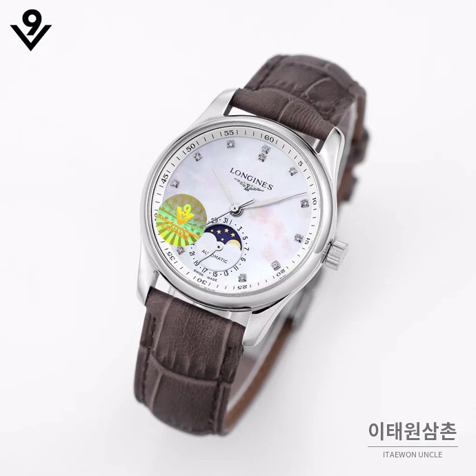 론진 마스터컬렉션 자개다이얼 다이아몬드 문페이즈 오토매틱 34mm 화이트 브라운 가죽 스트랩