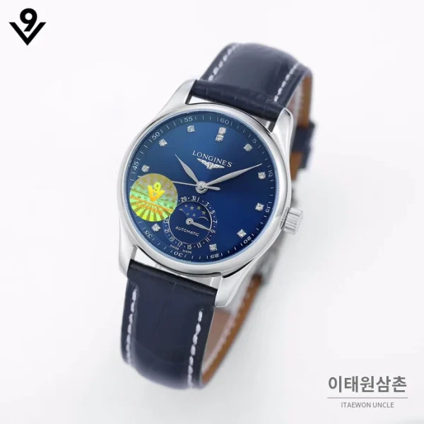 론진 마스터컬렉션 자개다이얼 다이아몬드 문페이즈 오토매틱 34mm 화이트 네이비 가죽 스트랩