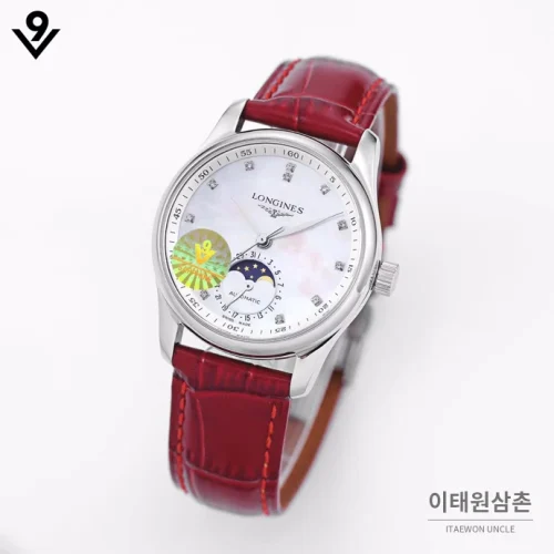 론진 마스터컬렉션 자개다이얼 다이아몬드 문페이즈 오토매틱 34mm 화이트 레드 가죽 스트랩 론진 마스터컬렉션 자개다이얼 다이아몬드 문페이즈 오토매틱 34mm 화이트 레드 가죽 스트랩