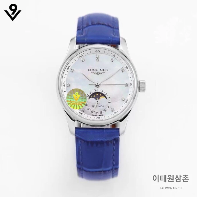 론진 마스터컬렉션 자개다이얼 다이아몬드 문페이즈 오토매틱 34mm 화이트 블루 가죽 스트랩