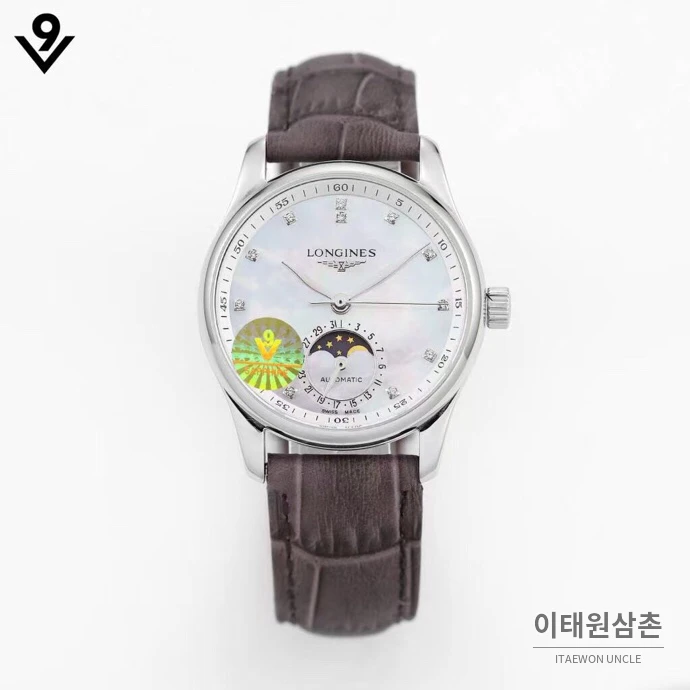 론진 마스터컬렉션 자개다이얼 다이아몬드 문페이즈 오토매틱 34mm 화이트 브라운 가죽 스트랩