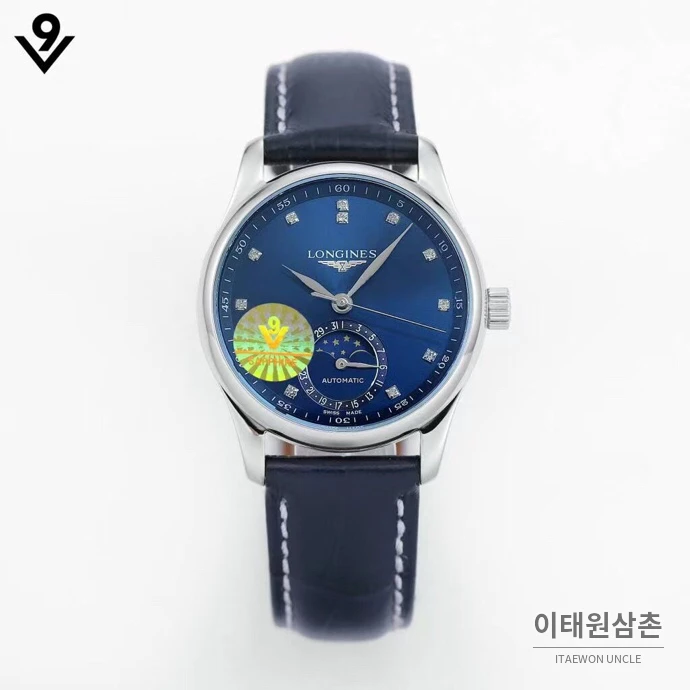 론진 마스터컬렉션 자개다이얼 다이아몬드 문페이즈 오토매틱 34mm 화이트 네이비 가죽 스트랩