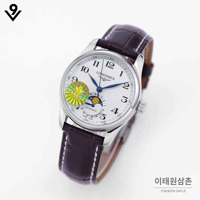 론진 마스터컬렉션 자개다이얼 다이아몬드 문페이즈 오토매틱 34mm 화이트 버건디 가죽 스트랩