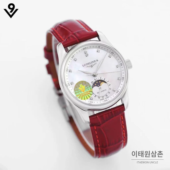 론진 마스터컬렉션 자개다이얼 다이아몬드 문페이즈 오토매틱 34mm 화이트 레드 가죽 스트랩