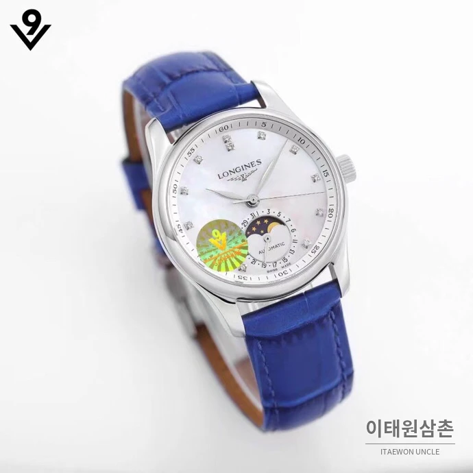 론진 마스터컬렉션 자개다이얼 다이아몬드 문페이즈 오토매틱 34mm 화이트 블루 가죽 스트랩