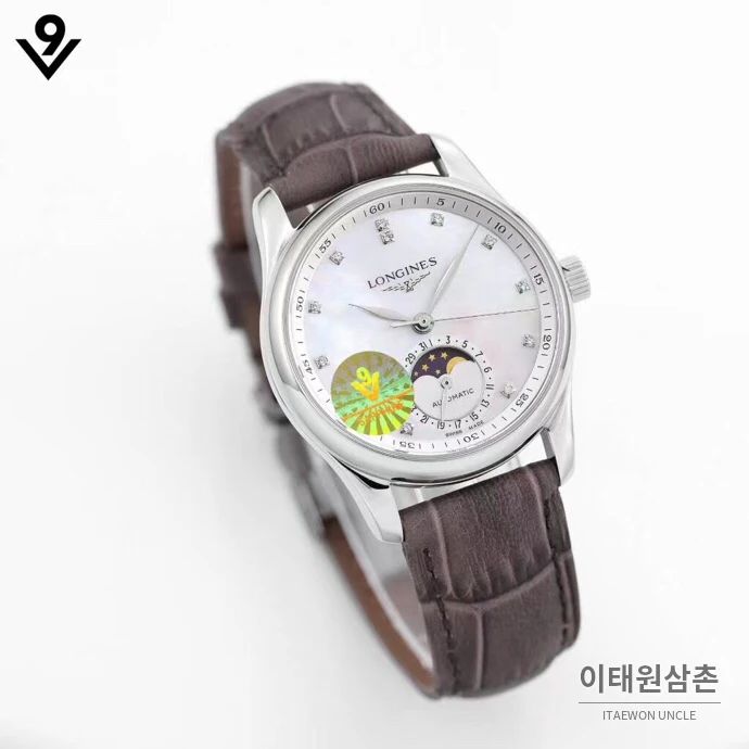 론진 마스터컬렉션 자개다이얼 다이아몬드 문페이즈 오토매틱 34mm 화이트 브라운 가죽 스트랩