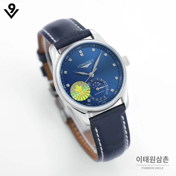 론진 마스터컬렉션 자개다이얼 다이아몬드 문페이즈 오토매틱 34mm 화이트 네이비 가죽 스트랩