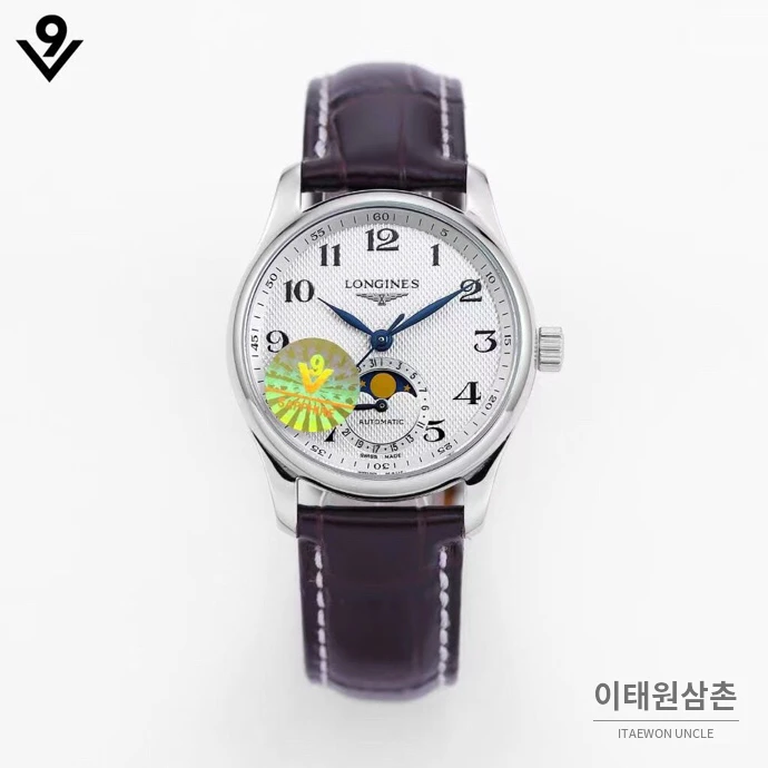 론진 마스터컬렉션 자개다이얼 다이아몬드 문페이즈 오토매틱 34mm 화이트 버건디 가죽 스트랩