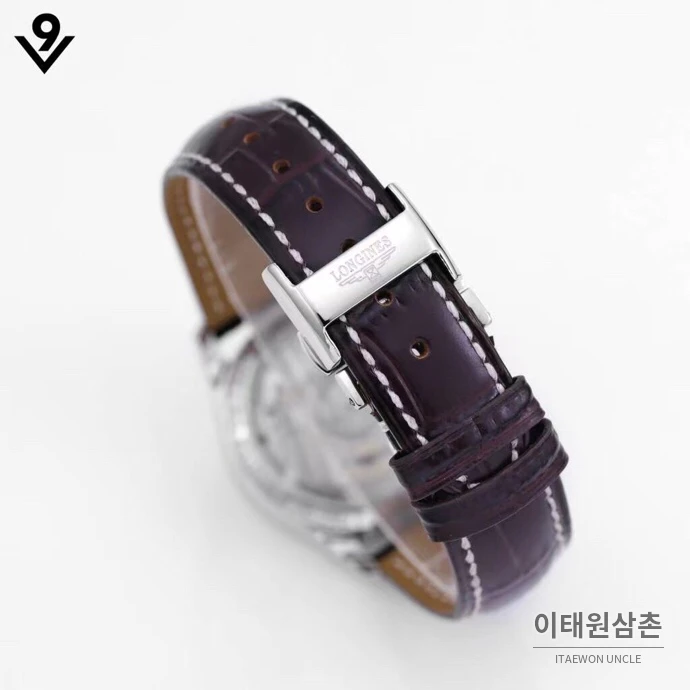론진 마스터컬렉션 자개다이얼 다이아몬드 문페이즈 오토매틱 34mm 화이트 버건디 가죽 스트랩
