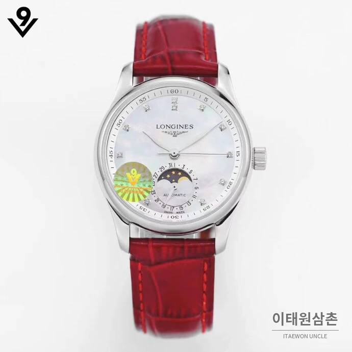 론진 마스터컬렉션 자개다이얼 다이아몬드 문페이즈 오토매틱 34mm 화이트 레드 가죽 스트랩