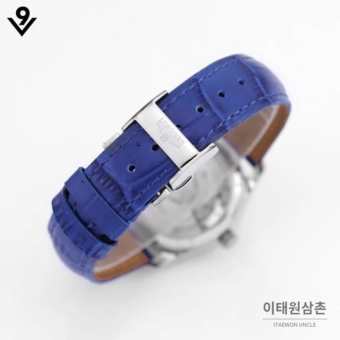 론진 마스터컬렉션 자개다이얼 다이아몬드 문페이즈 오토매틱 34mm 화이트 블루 가죽 스트랩