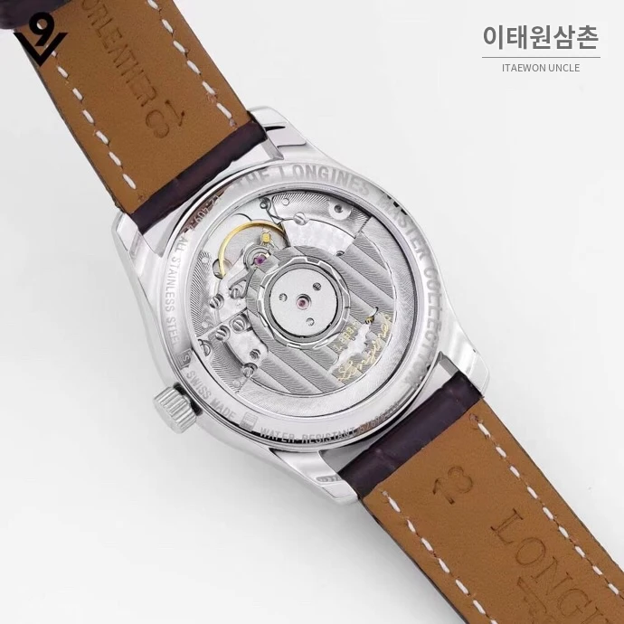 론진 마스터컬렉션 자개다이얼 다이아몬드 문페이즈 오토매틱 34mm 화이트 버건디 가죽 스트랩