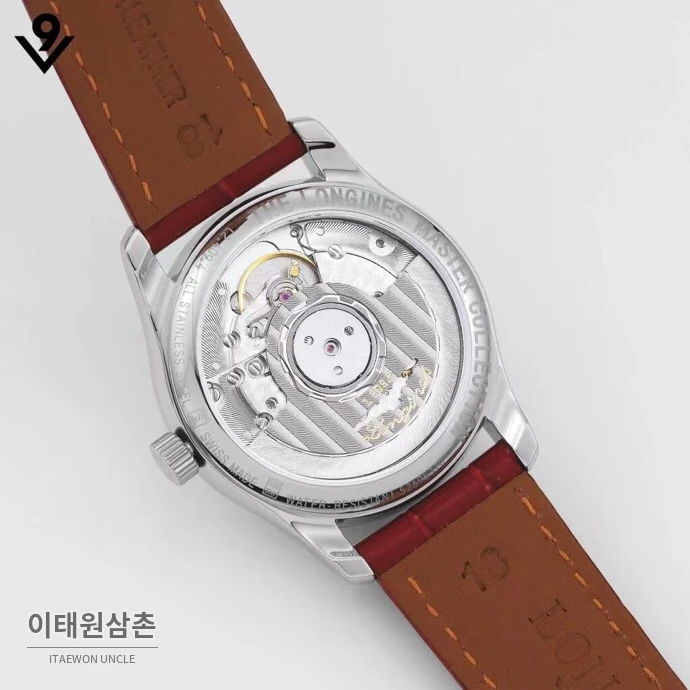 론진 마스터컬렉션 자개다이얼 다이아몬드 문페이즈 오토매틱 34mm 화이트 레드 가죽 스트랩