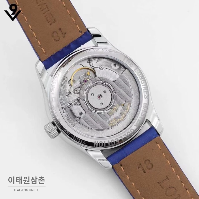 론진 마스터컬렉션 자개다이얼 다이아몬드 문페이즈 오토매틱 34mm 화이트 블루 가죽 스트랩